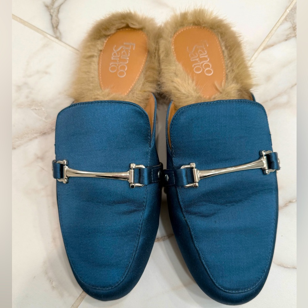 Franco Sarto fur-lined navy blue mules with silver accent